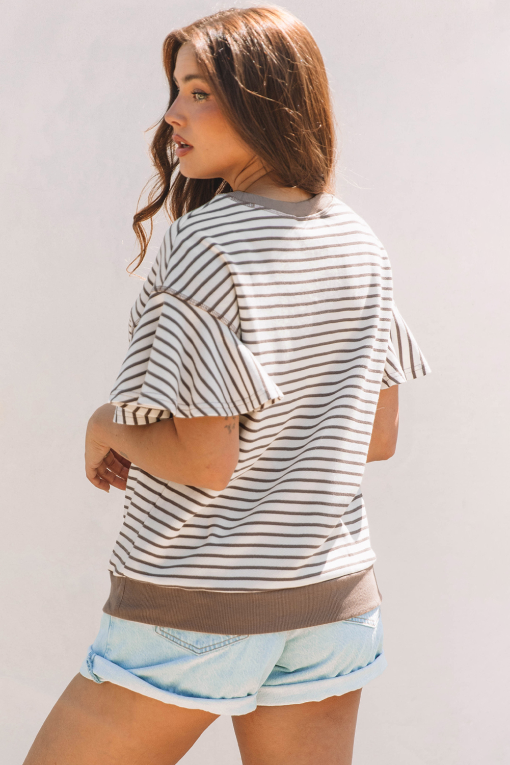 Parchment Sequin Rodeo Patch Pattern Striped Ruffled Sleeve Summer Top - loveforevers