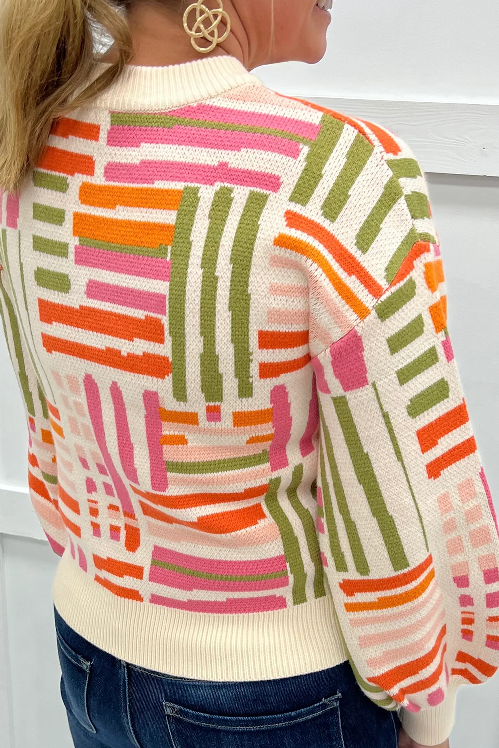 Rose Love Lines Pattern Crew Neck Puff Sleeve Sweater - loveforevers