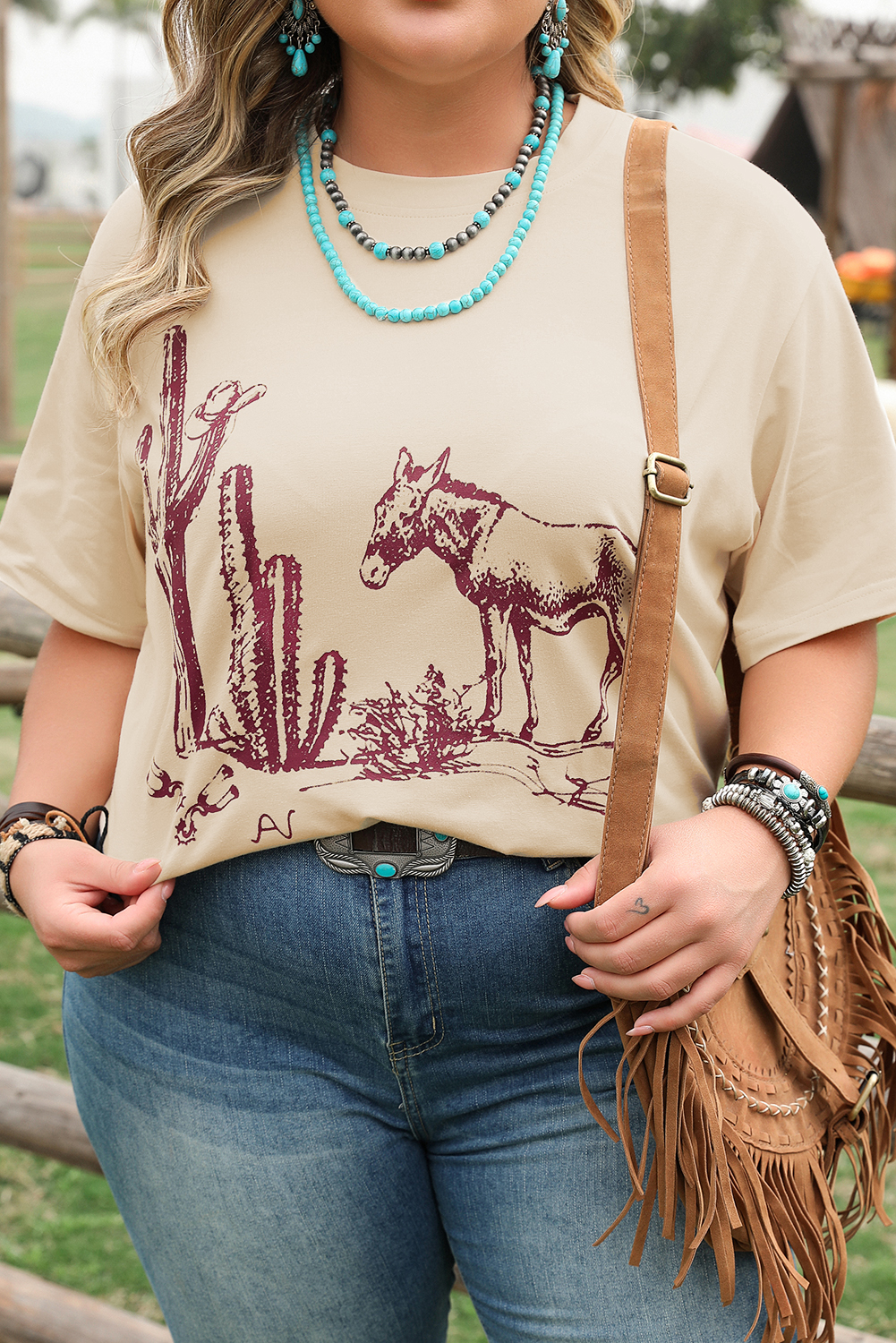 Parchment  Western Burro Cactus Crew Neck Graphic Tee - loveforevers