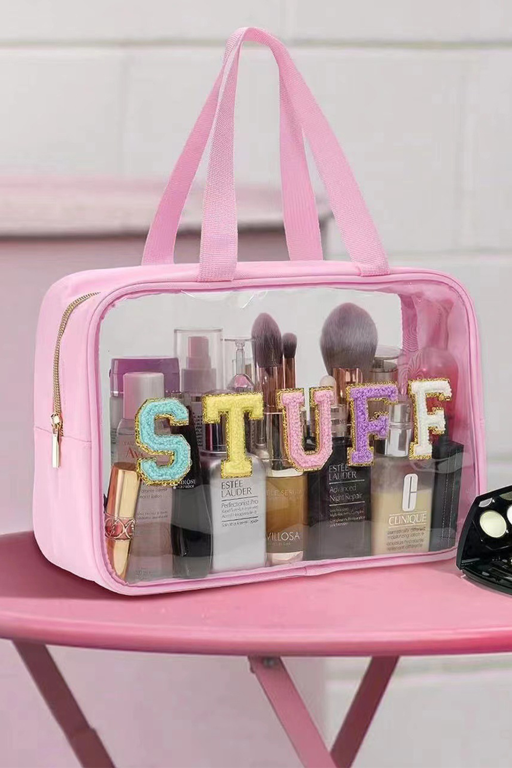 Light Pink TRAVEL Chenille Letter Clear PVC Makeup Bag - loveforevers