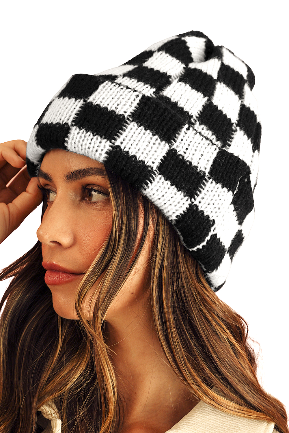 Black Two Tone Checkered Folded Eaveless Beanie Cap - loveforevers