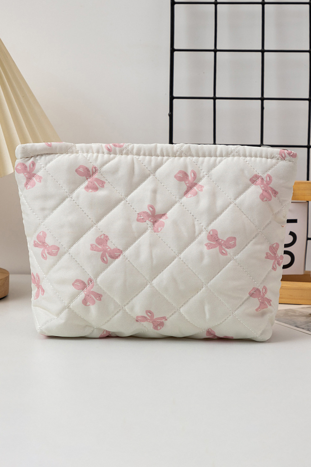 White Bow Knot Print Zipper Quilted Large Cosmetic Bag - loveforevers