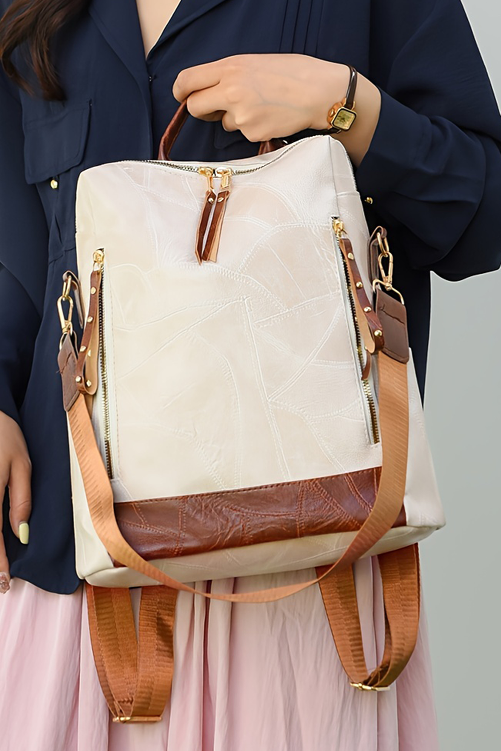 White Multi Compartment Zipper PU Leather Large Capacity Backpack - loveforevers