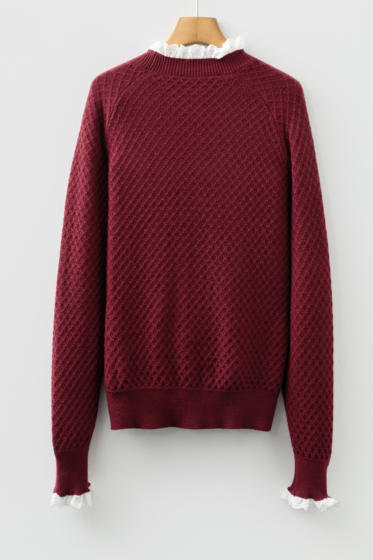 Burgundy  Contrast Lace Frilled Trim Raglan Sleeve Sweater - loveforevers