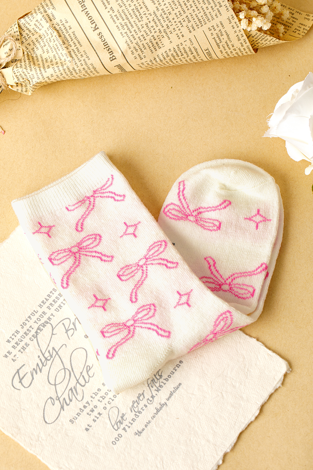 Pink Sweet Bowknot Print Mid Calf Socks - loveforevers