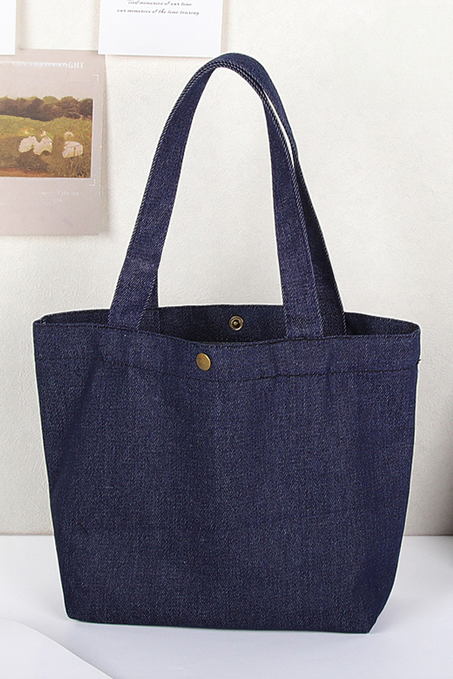 Navy Blue Vintage Denim Snap Button Tote Bag - loveforevers
