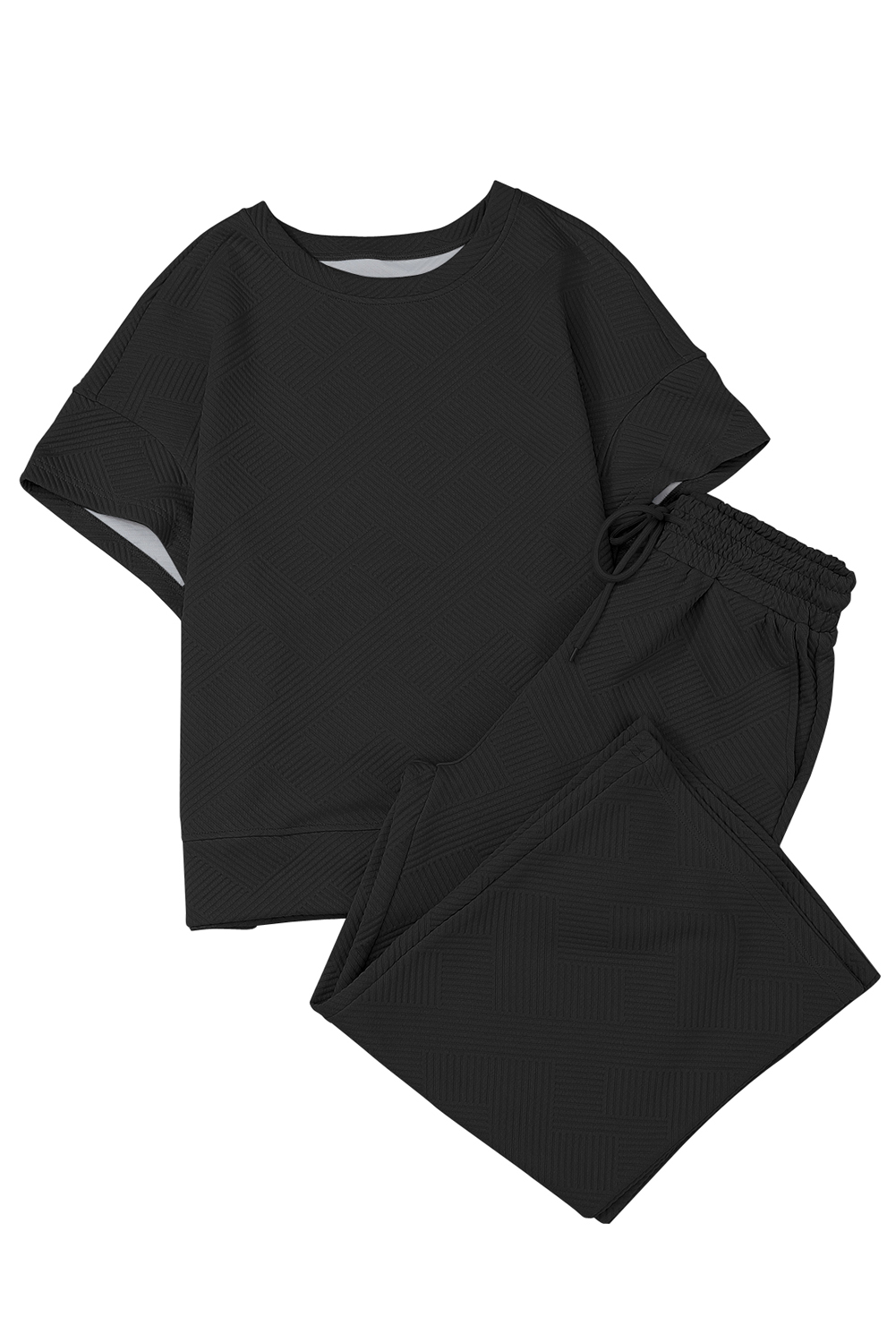 Dark Green Textured Loose Fit T Shirt and Drawstring Pants Set - loveforevers