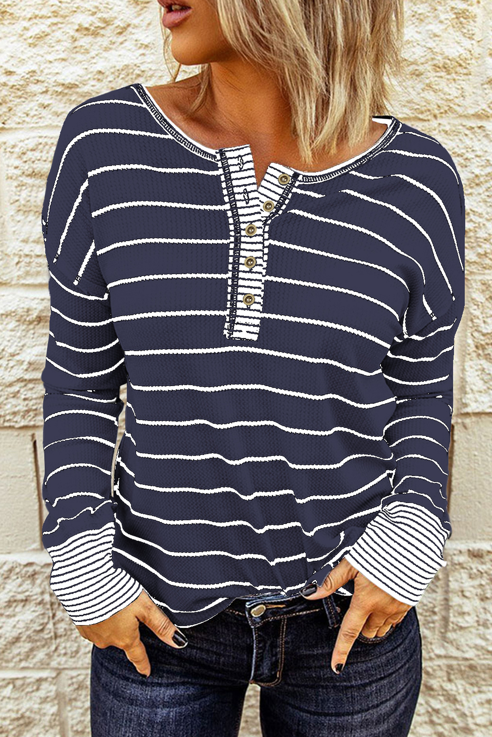 Navy Blue Striped Buttoned Henley Waffle Knit Top - loveforevers
