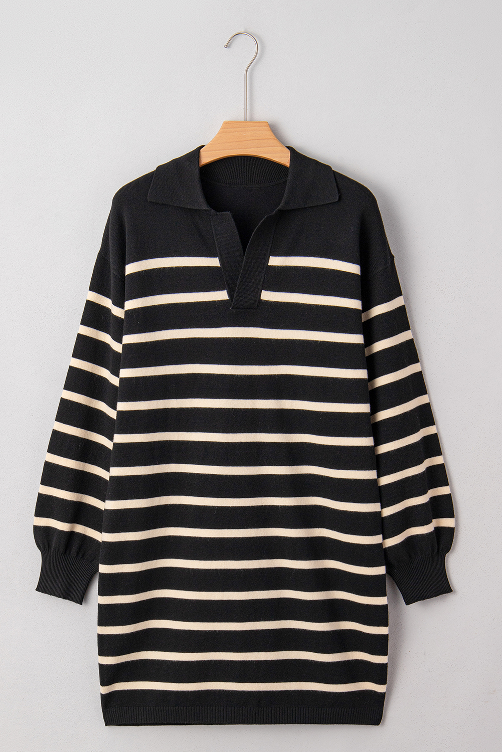 Black Stripe Polo Collar Puff Sleeve Sweater Mini Dress - loveforevers