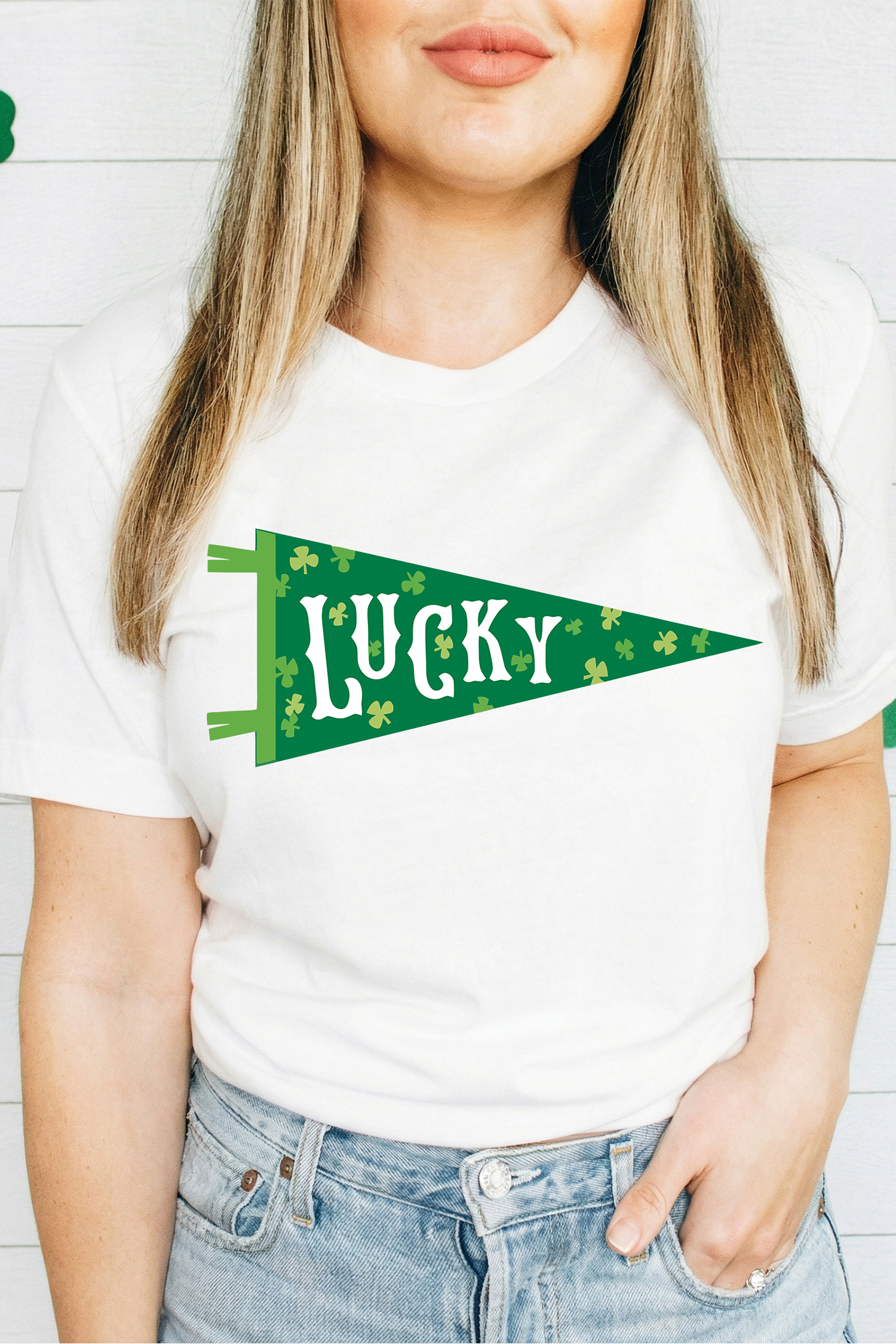 White LUCKY Clover Pennant St Patricks Day T Shirt - loveforevers