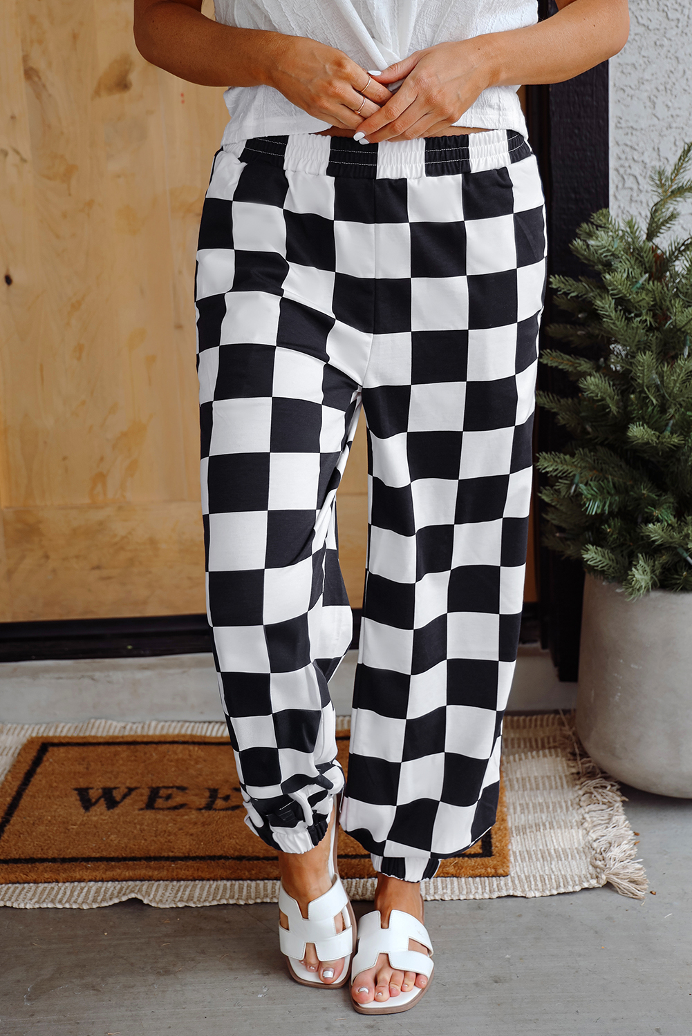 Black 2-Tone Checked Print High Waist Wide Leg Pants - loveforevers
