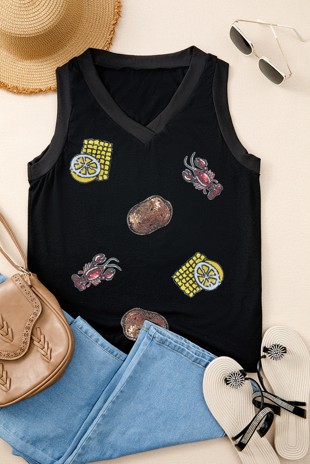 Black Sequined Crawfish Ribbed V Neckline Tank Top - loveforevers