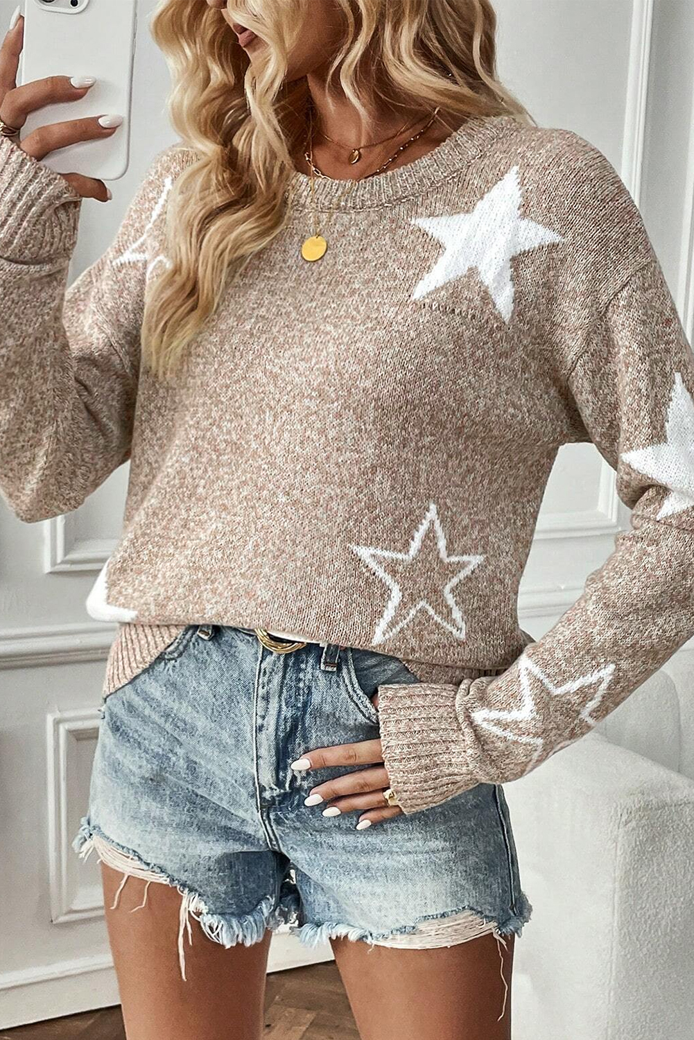 Khaki Star Pattern Drop Shoulder Sweater - loveforevers