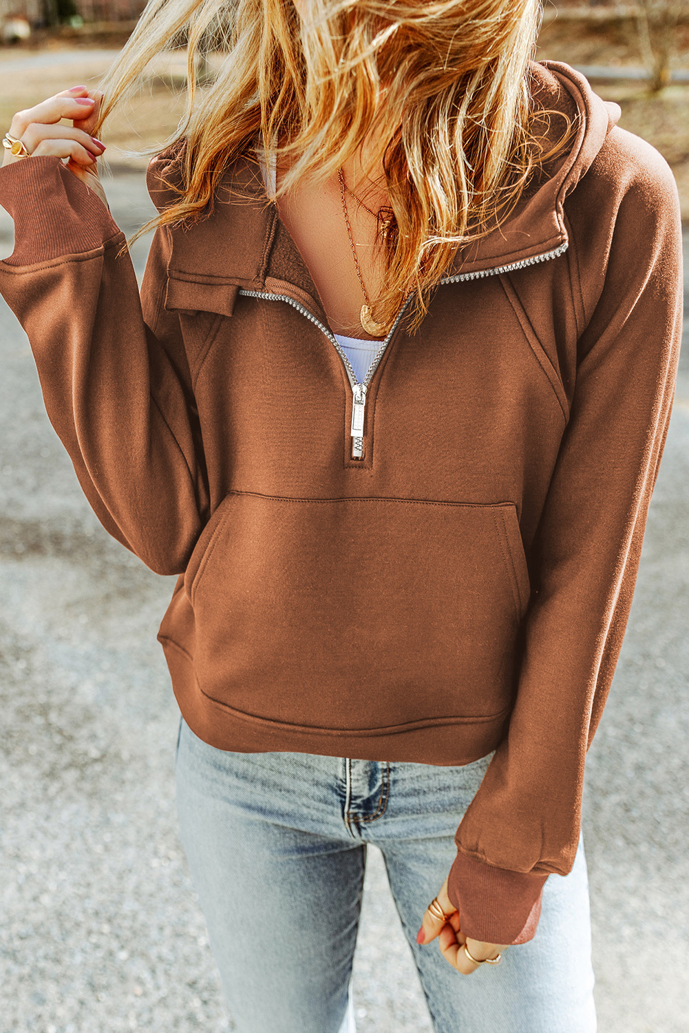 Brown Quarter Zip Kangaroo Pocket Hoodie - loveforevers