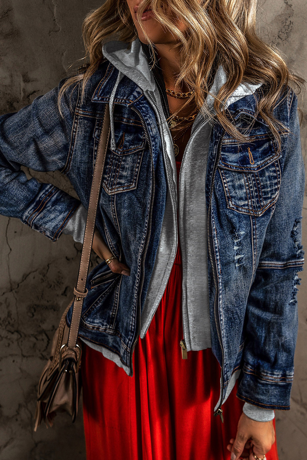 Dark Blue Fake Two-Piece Hooded Zip-Up Denim Jacket - loveforevers