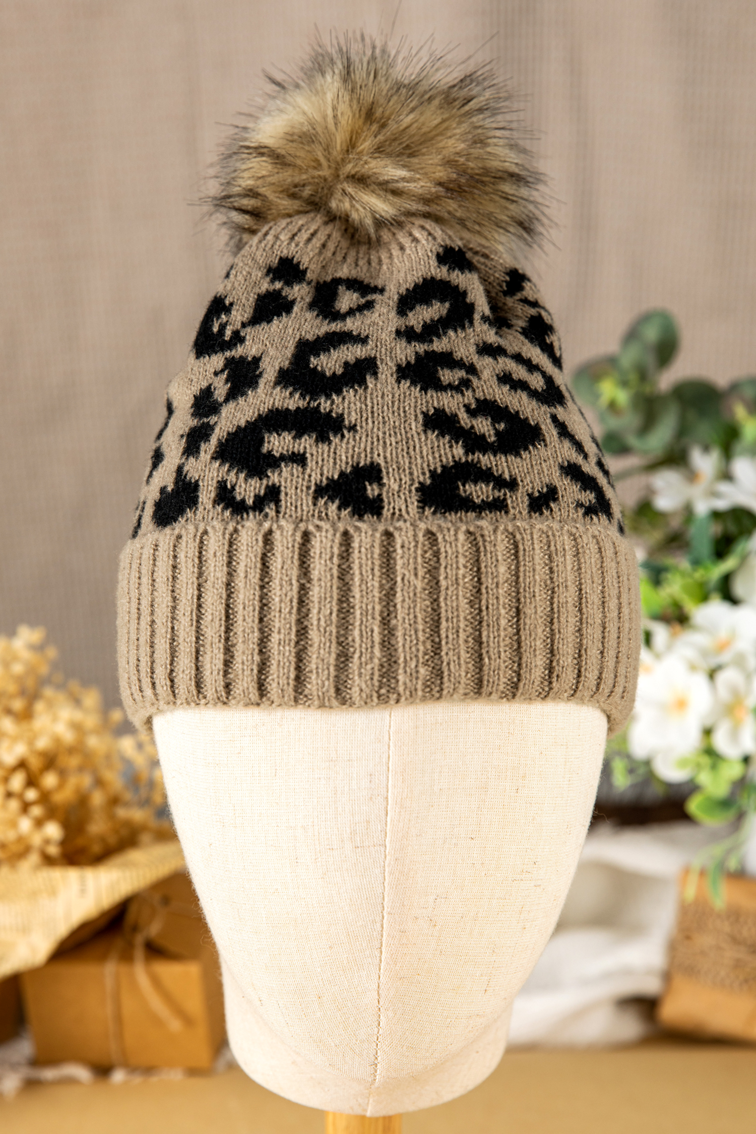Light French Beige Faux Fur Pompom Leopard Knit Beanie - loveforevers