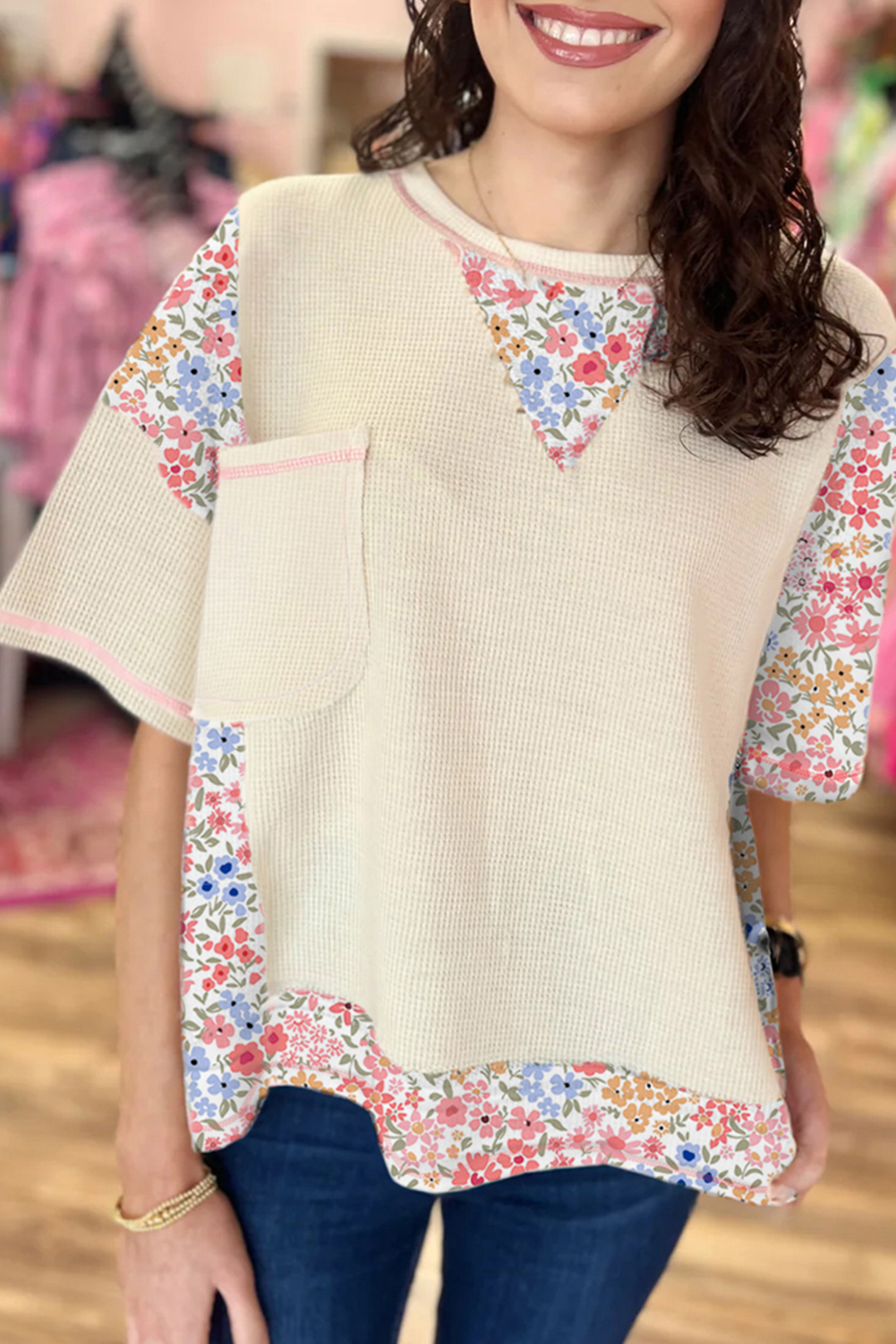 Beige Floral Patchwork Chest Pocket Wide Sleeve Waffle T Shirt - loveforevers
