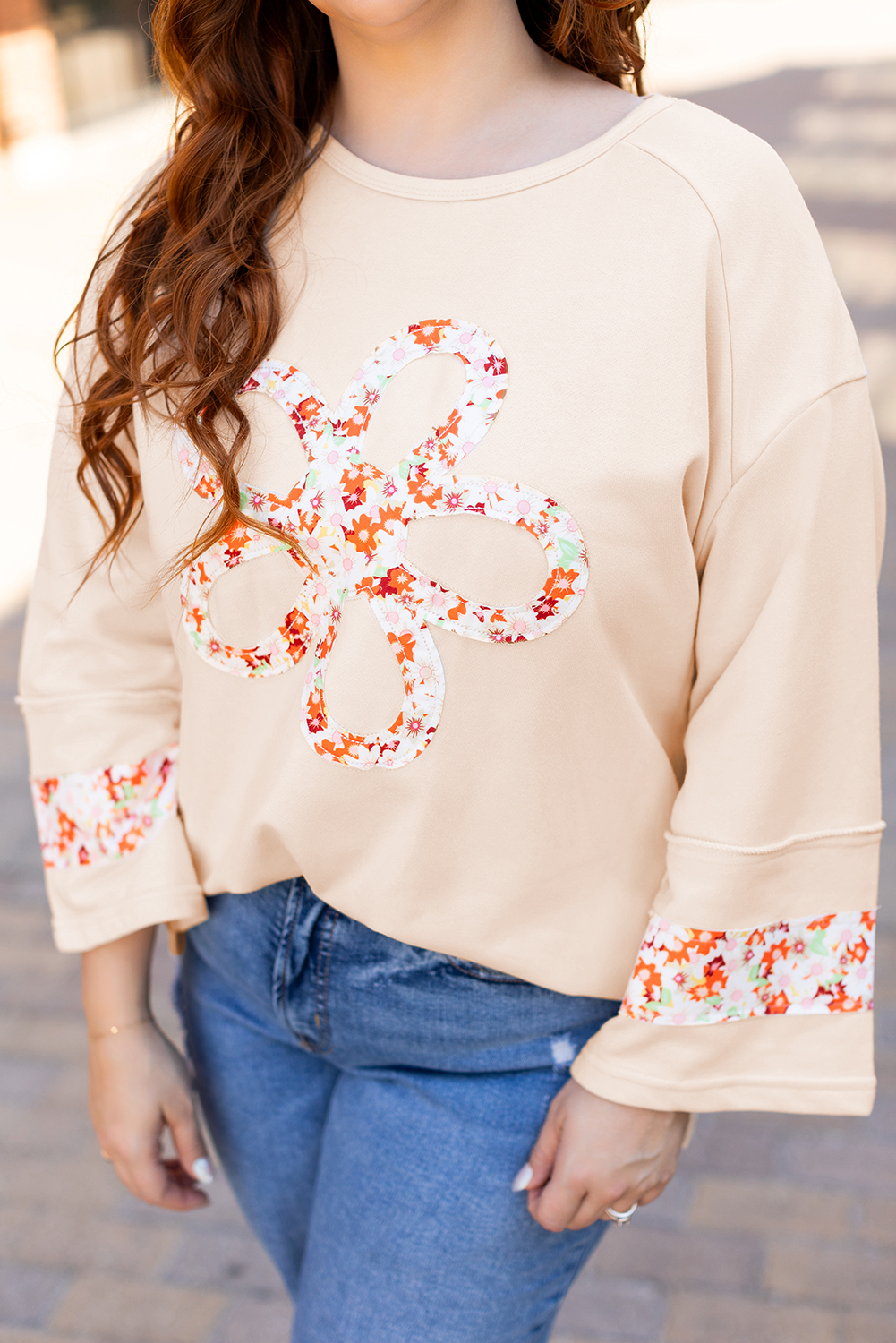 Beige Flower Patch Graphic Exposed Seam Wide Sleeve Top - loveforevers