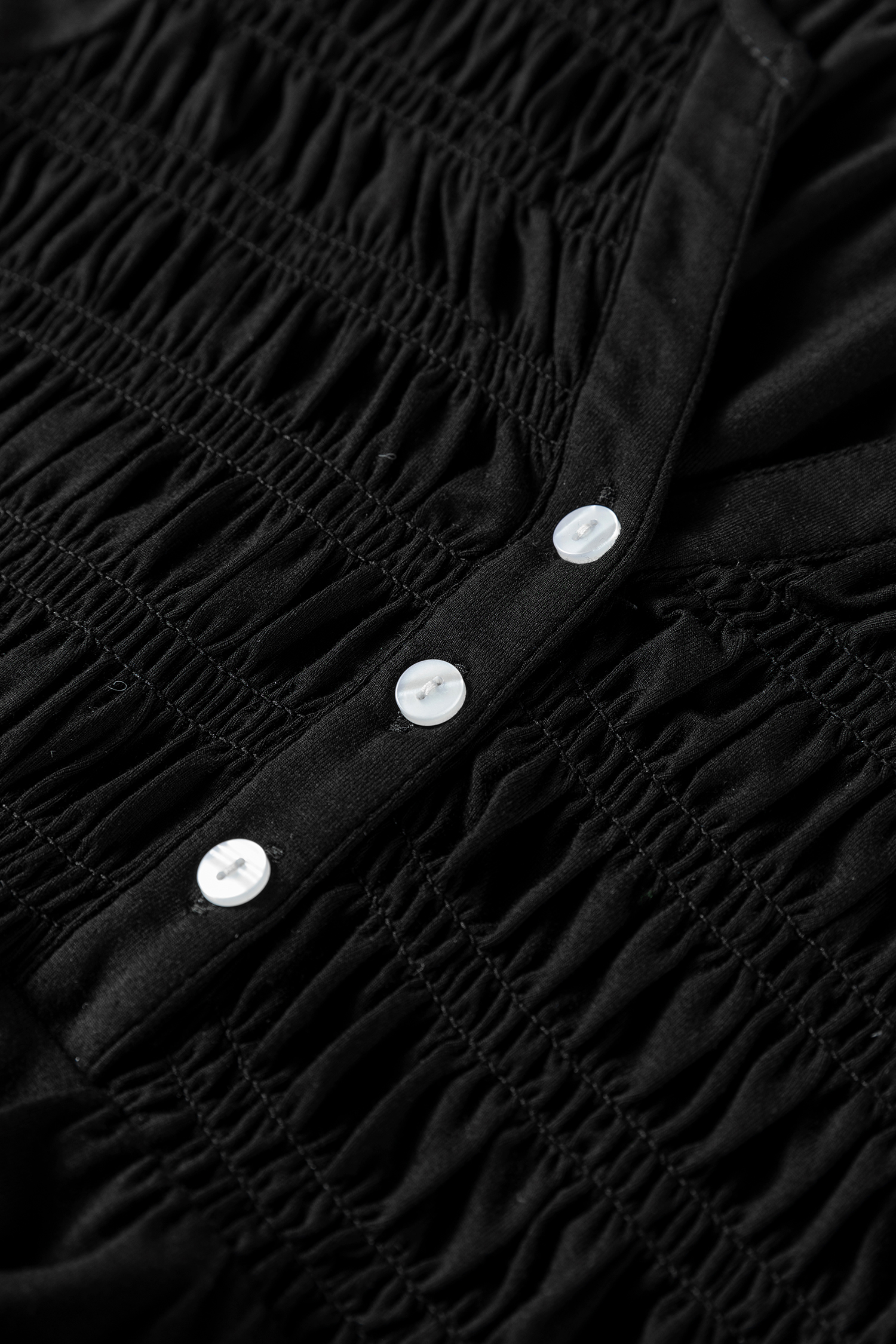 Black Smocked Bust Buttoned Split V Neck Flow Fit Blouse - loveforevers