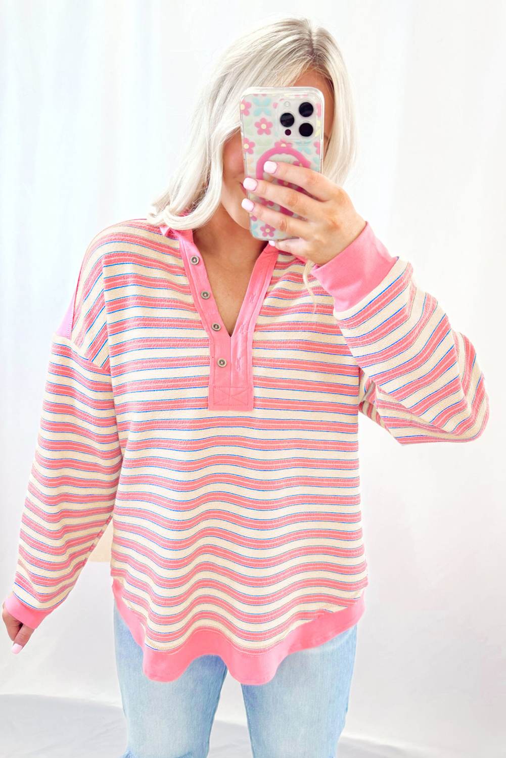 Red Stripe Buttoned V Neck Collared Drop Shoulder Top - loveforevers