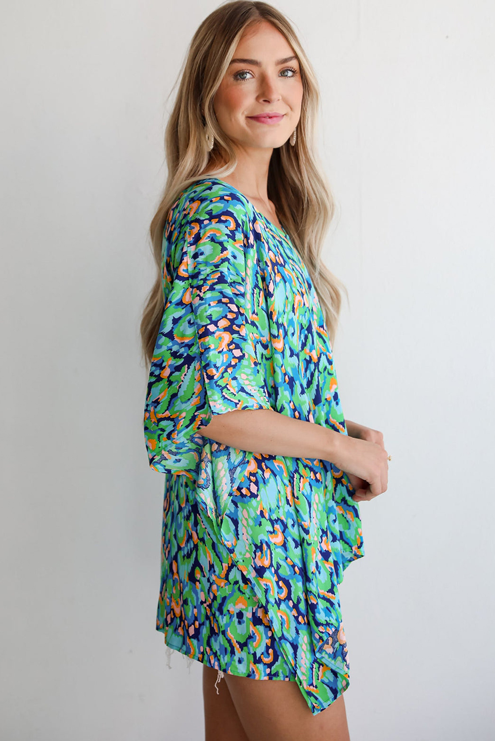 Pink Abstract Print V Neck Half Sleeve Loose Fit Tunic Blouse - loveforevers