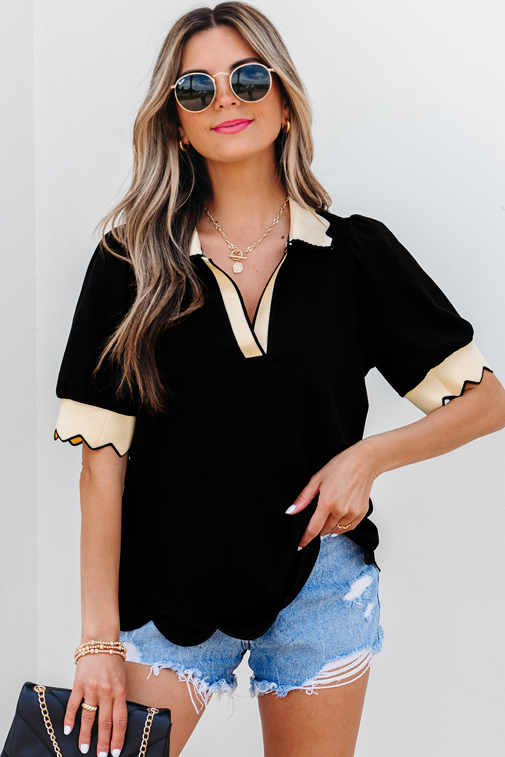 Black Color Contrast Collared V Neck Puff Sleeve Blouse - loveforevers
