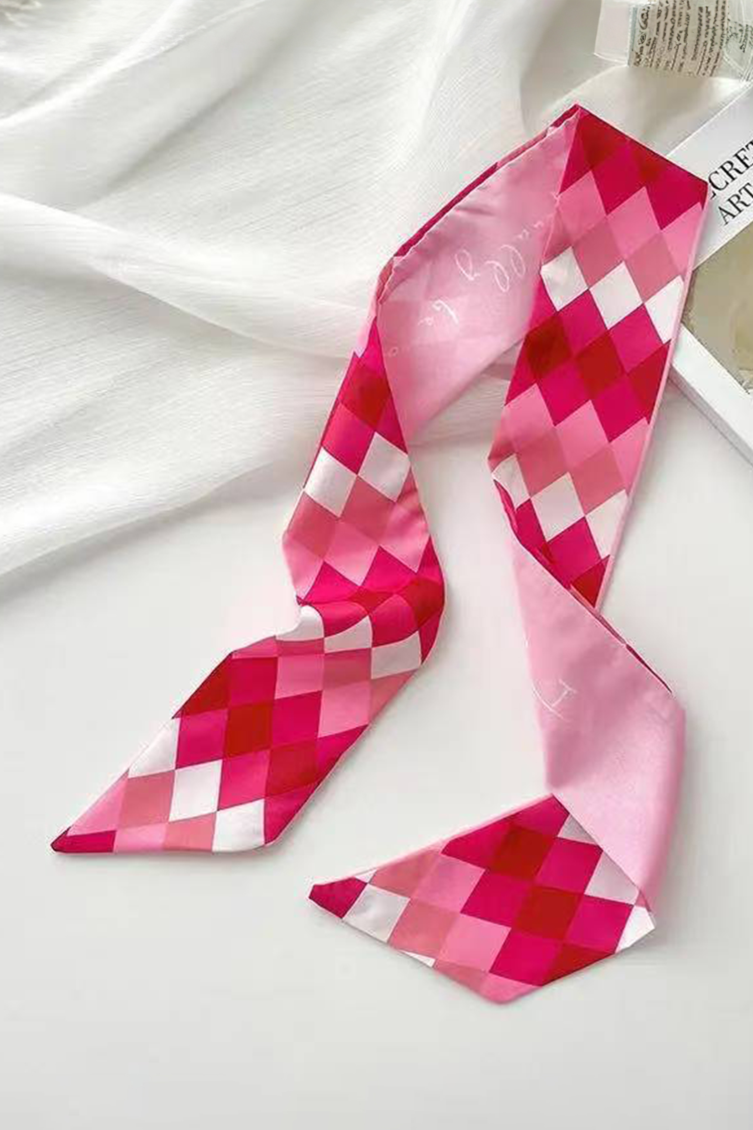 Rose Red Valentines Day Sweet Rhombus Print Ribbon Hair Band Silky Scarf - loveforevers