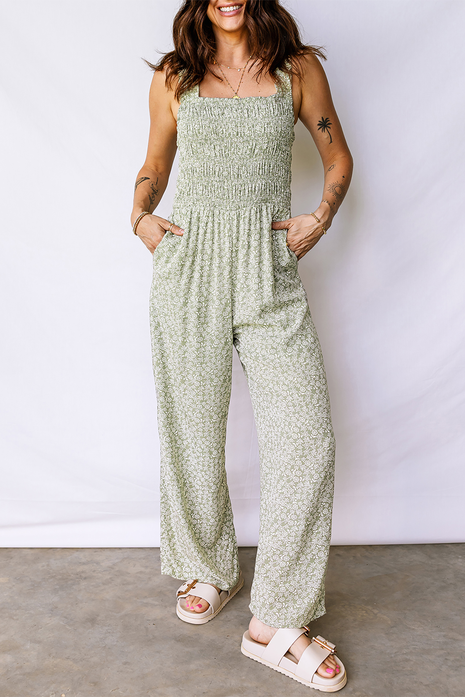 Green Smocked Bodice Square Neck Sleeveless Floral Jumpsuit - loveforevers