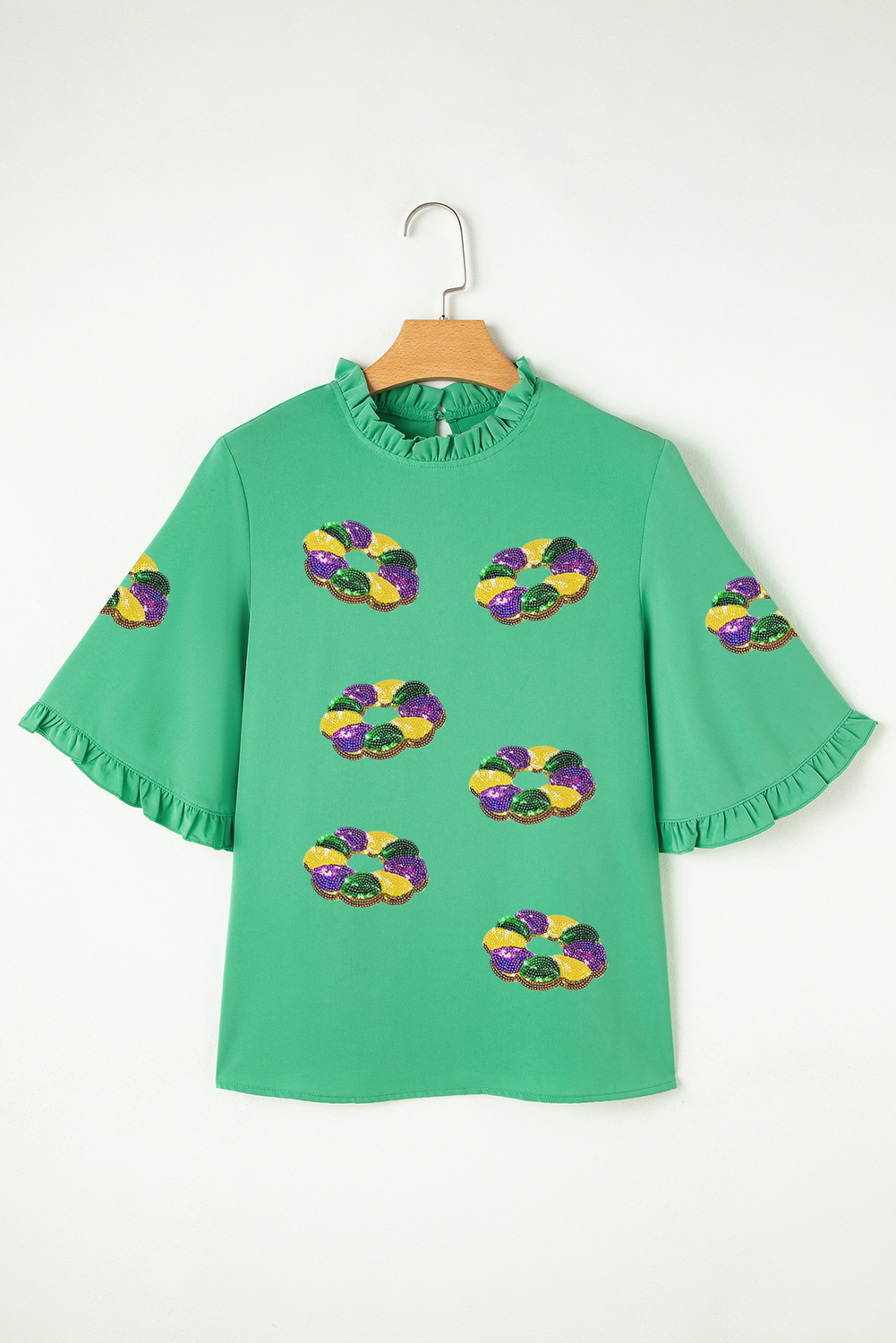 Green Sequin Doughnut Graphic Ruffled Trim Bell Sleeve Mardi Gras Blouse - loveforevers