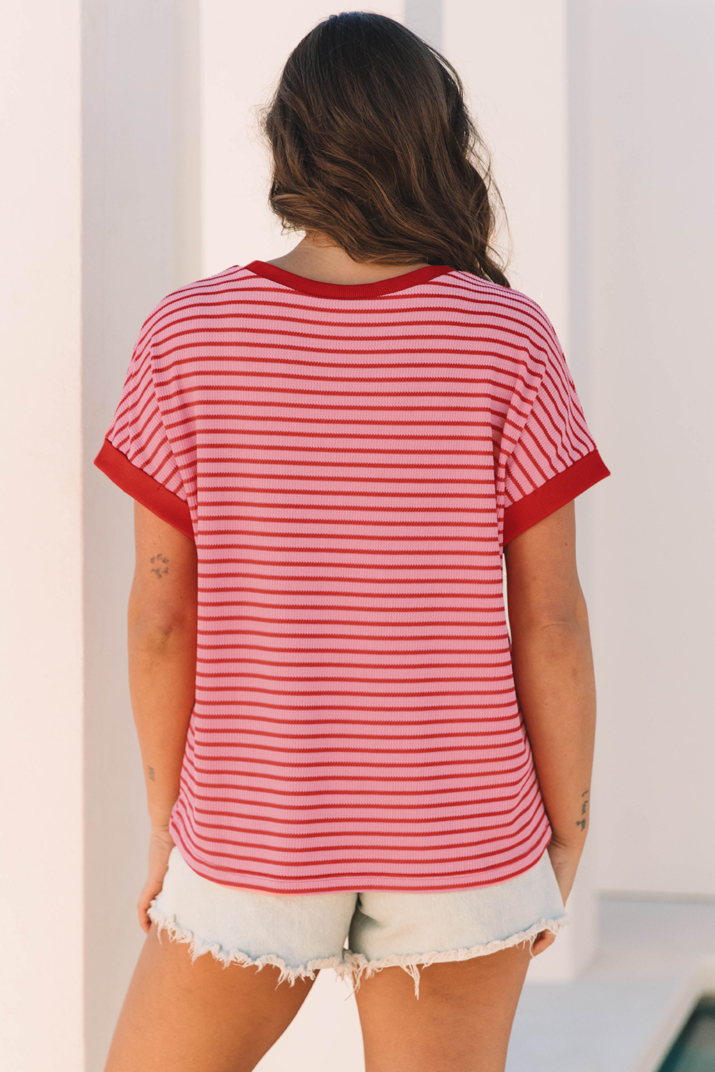 Pink Stripe Knitted Round Neck T Shirt - loveforevers