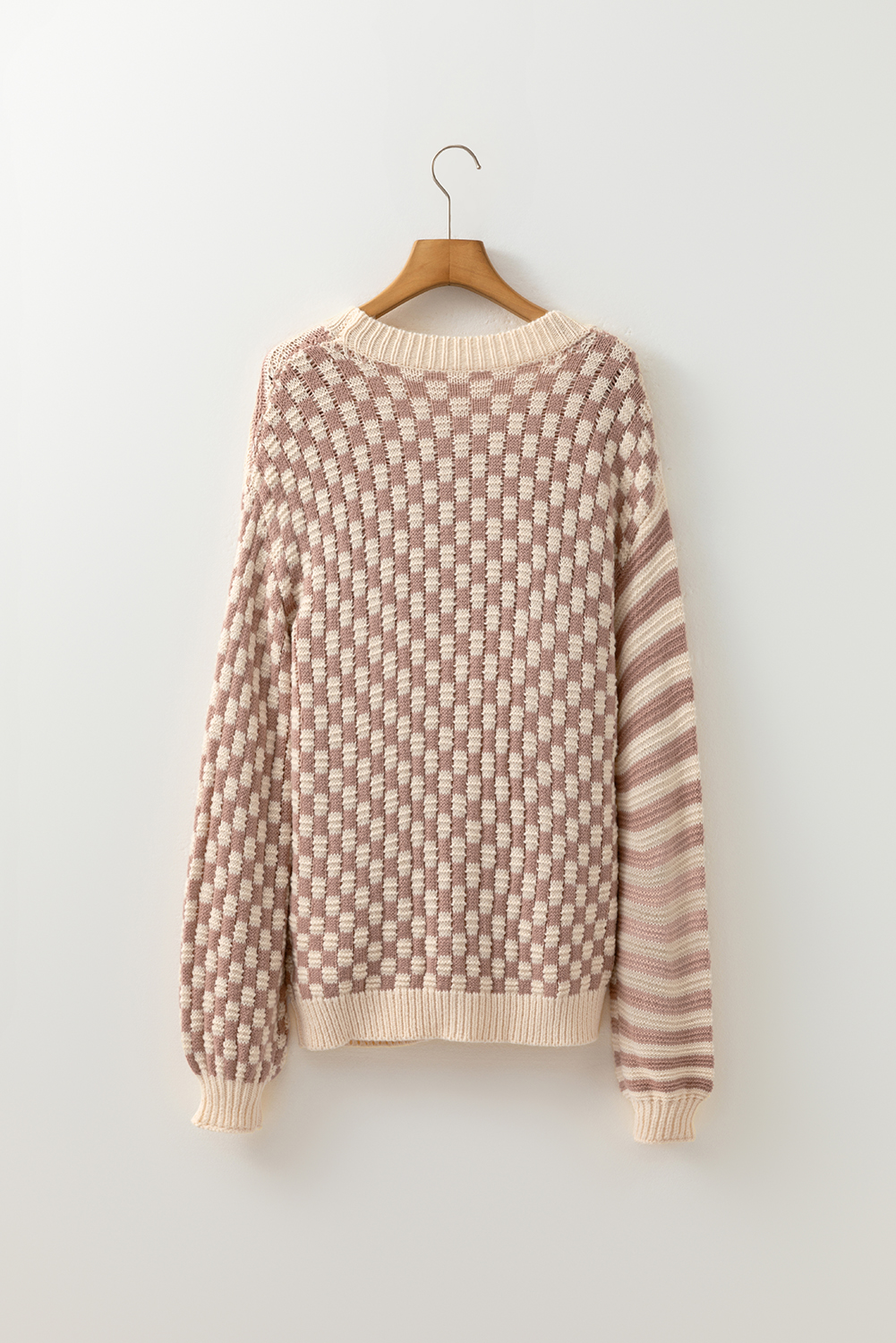 Khaki Stripe Checkerboard Drop Shoulder Balloon Sleeve Sweater - loveforevers