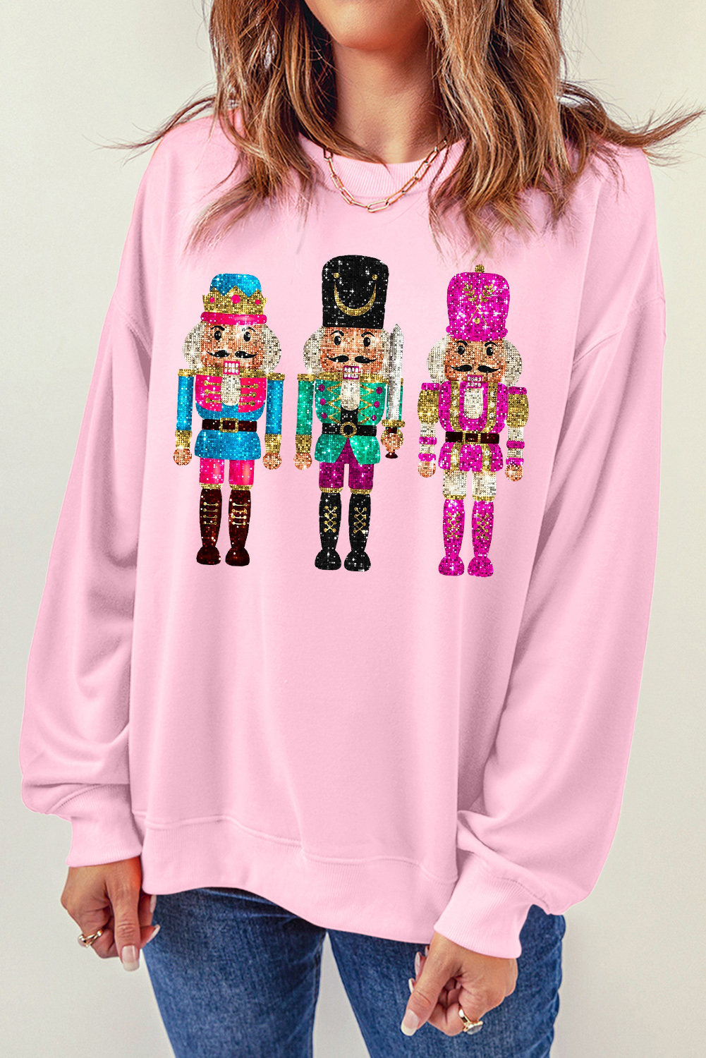 Pink Cute Nutcracker Printed Drop Shoulder Christmas Sweatshirt - loveforevers