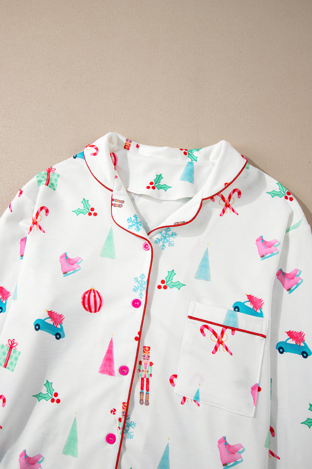 White Christmas Print Lapel Shirt and Pants Sleepwear - loveforevers