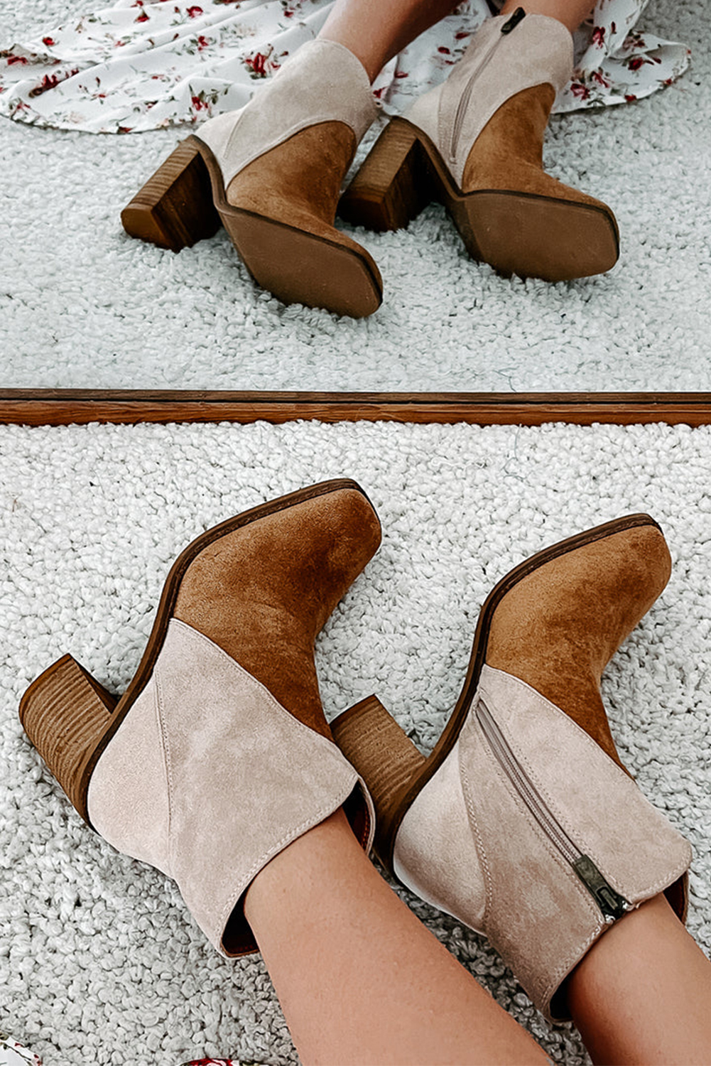 Camel Two Tone Faux Suede Square Toe Chunky Heel Boots - loveforevers