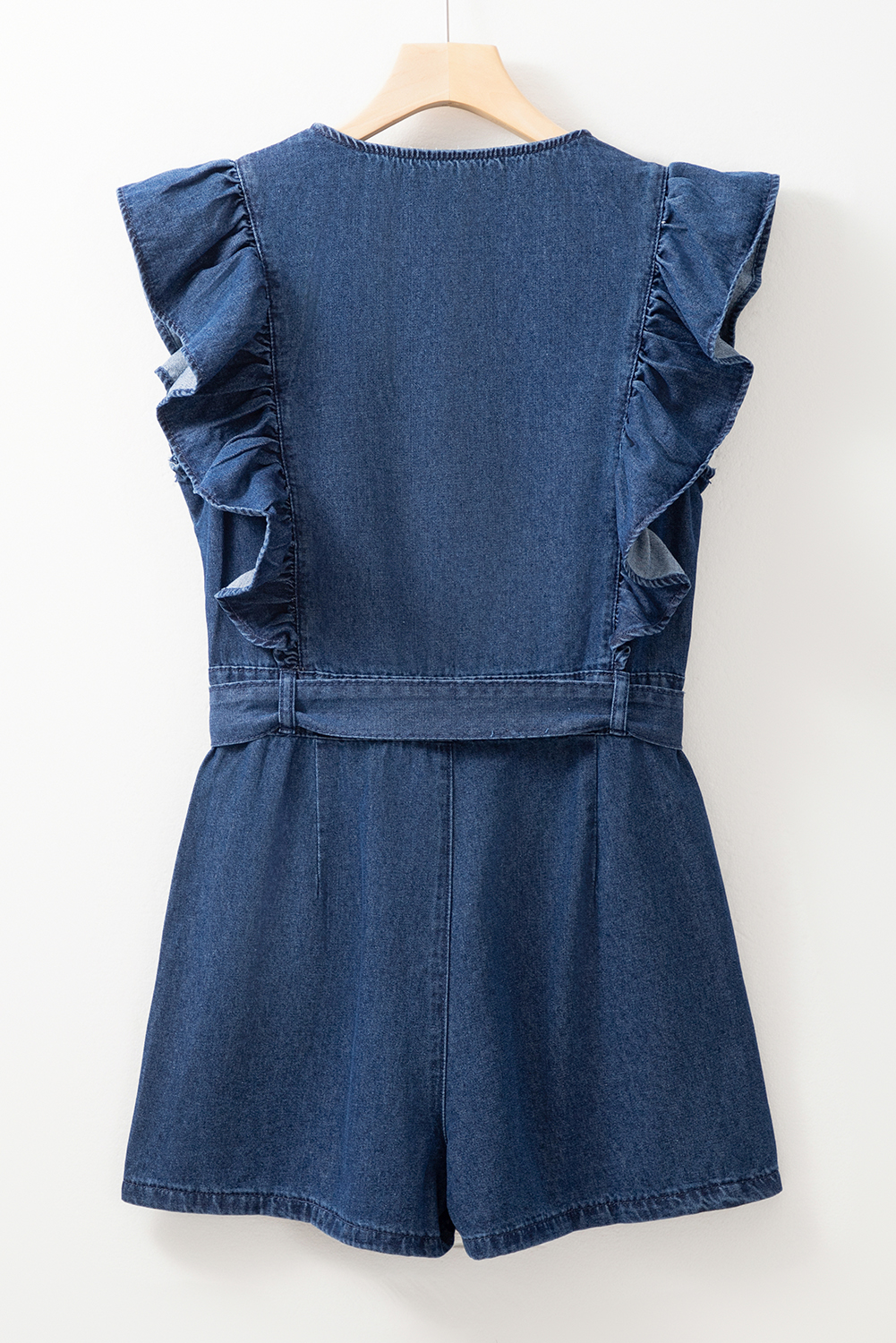 Sail Blue Denim Ruffled Zipped Front Belted Romper - loveforevers