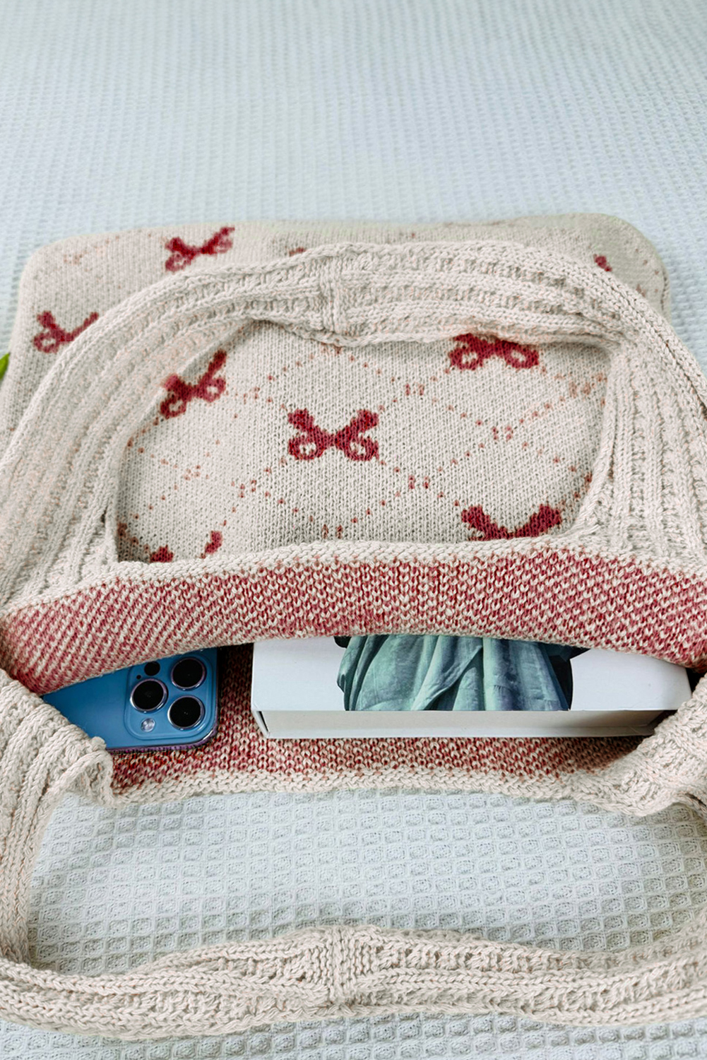 Fiery Red Bow Argyle Pattern Cable Knit Handle Tote Bag - loveforevers