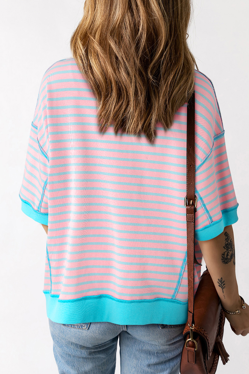 Pink Stripe Easter Rabbit Graphic Contrast Banded Drop Shoulder Tee - loveforevers