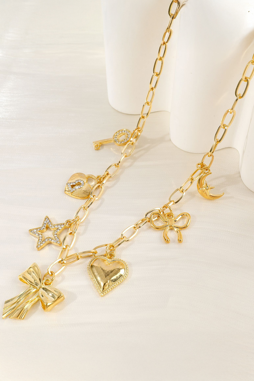 Gold Bow Heart Star Key Charm Alloy Adjustable Chain Necklace - loveforevers