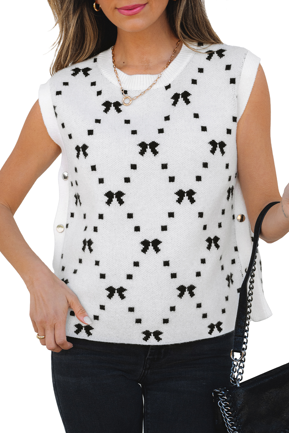 Black Preppy Vibes Bow Print Zipped Collar Sweater Tee - loveforevers
