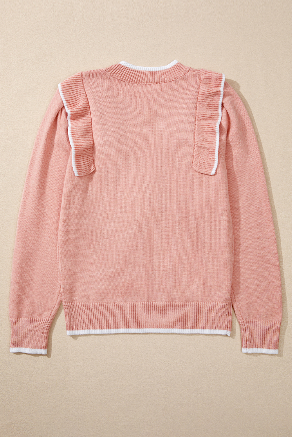 Light Pink Ruffled Bowknot Ribbed Trim Long Sleeve Sweater - loveforevers