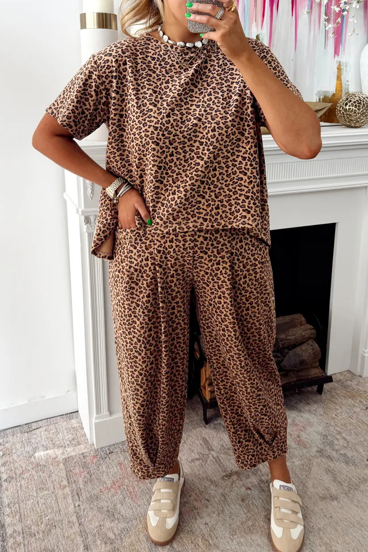 Brown Leopard Loose Tee Drawstring Waist Barrel Pants Set - loveforevers