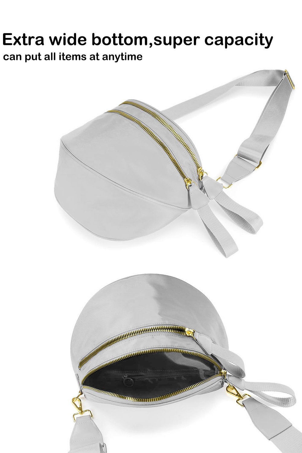 Light Grey Double Zip Crescent Shape Adjustable Sling Bag - loveforevers