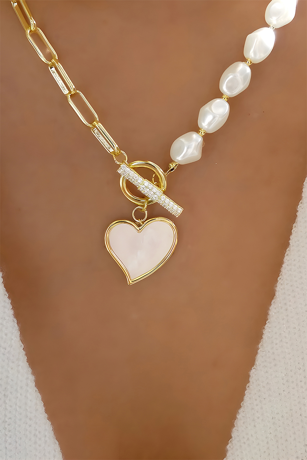 Gold Heart Shape Pendant Rhinestone Decor Pearl Chain Necklace - loveforevers