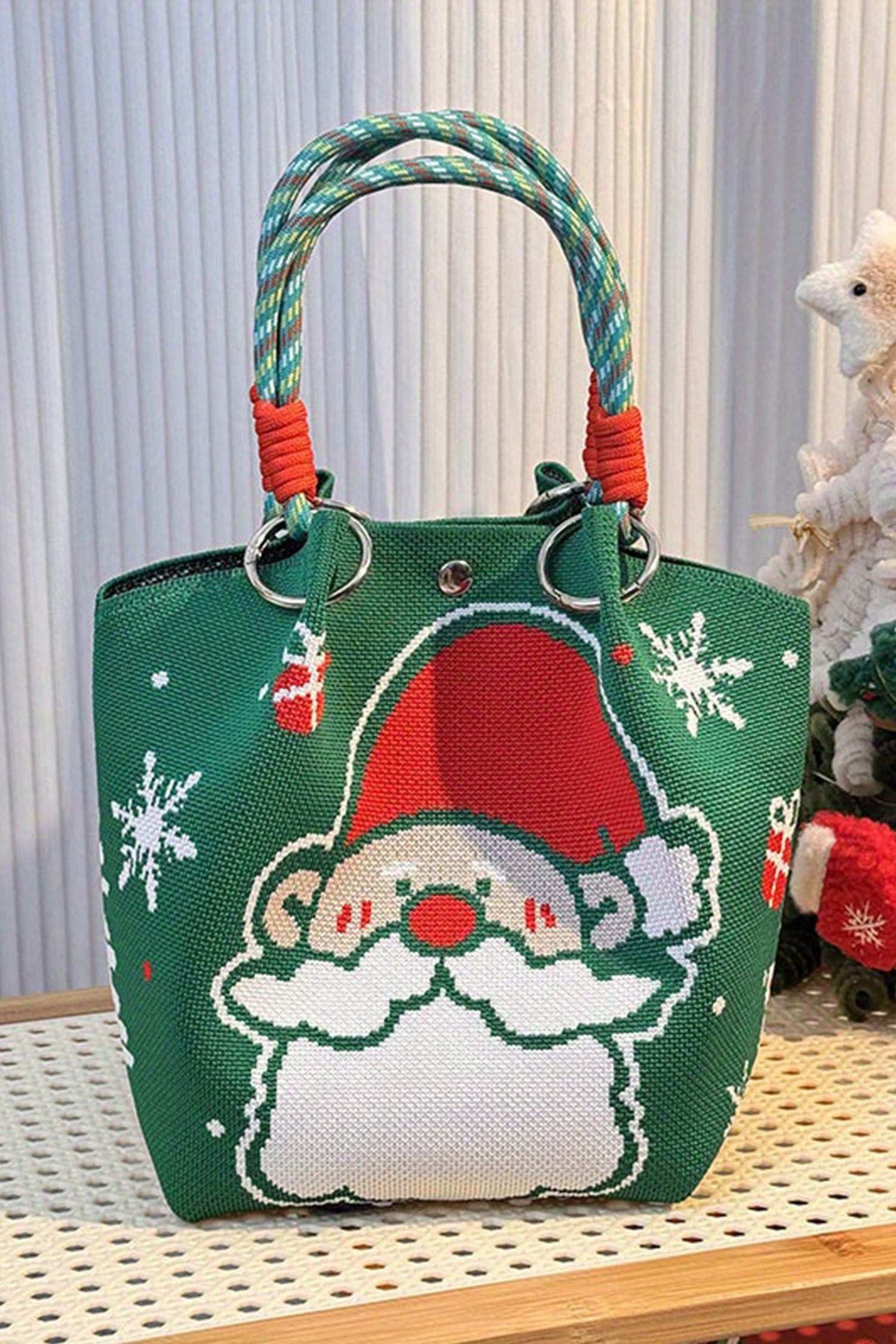 Blackish Green Cartoon Santa Claus Knitted Bucket Bag - loveforevers