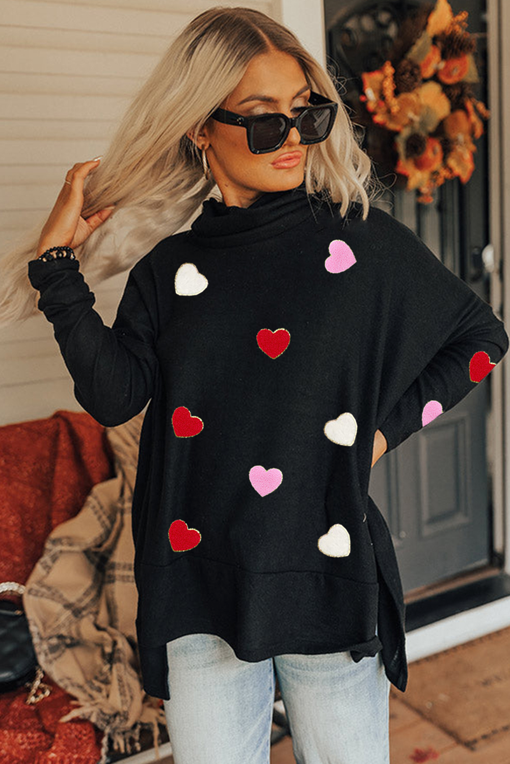 Black Valentines Chenille Heart Patched Dolman Sleeve High Neck Split Top - loveforevers