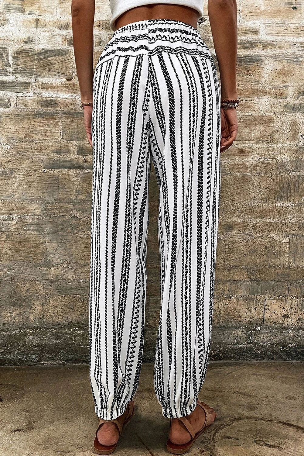 Black Stripe Boho Print Drawstring Elastic Waistband Casual Joggers - loveforevers