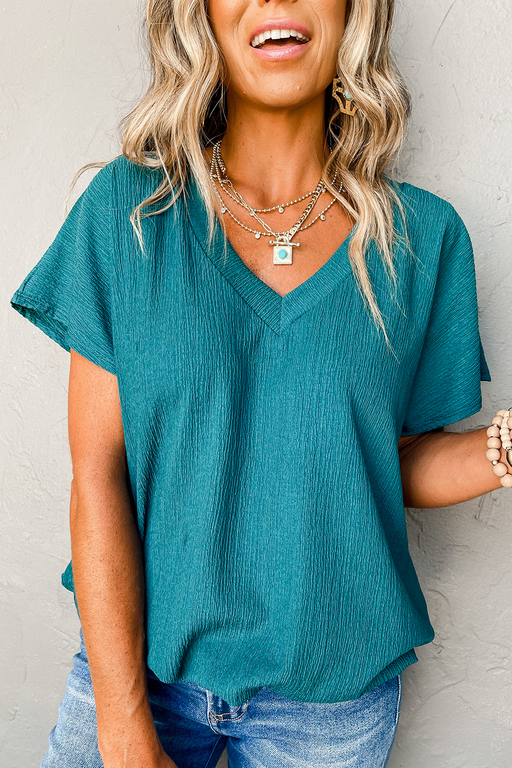 Bright Pink Crinkled V Neck Wide Sleeve T-shirt - loveforevers