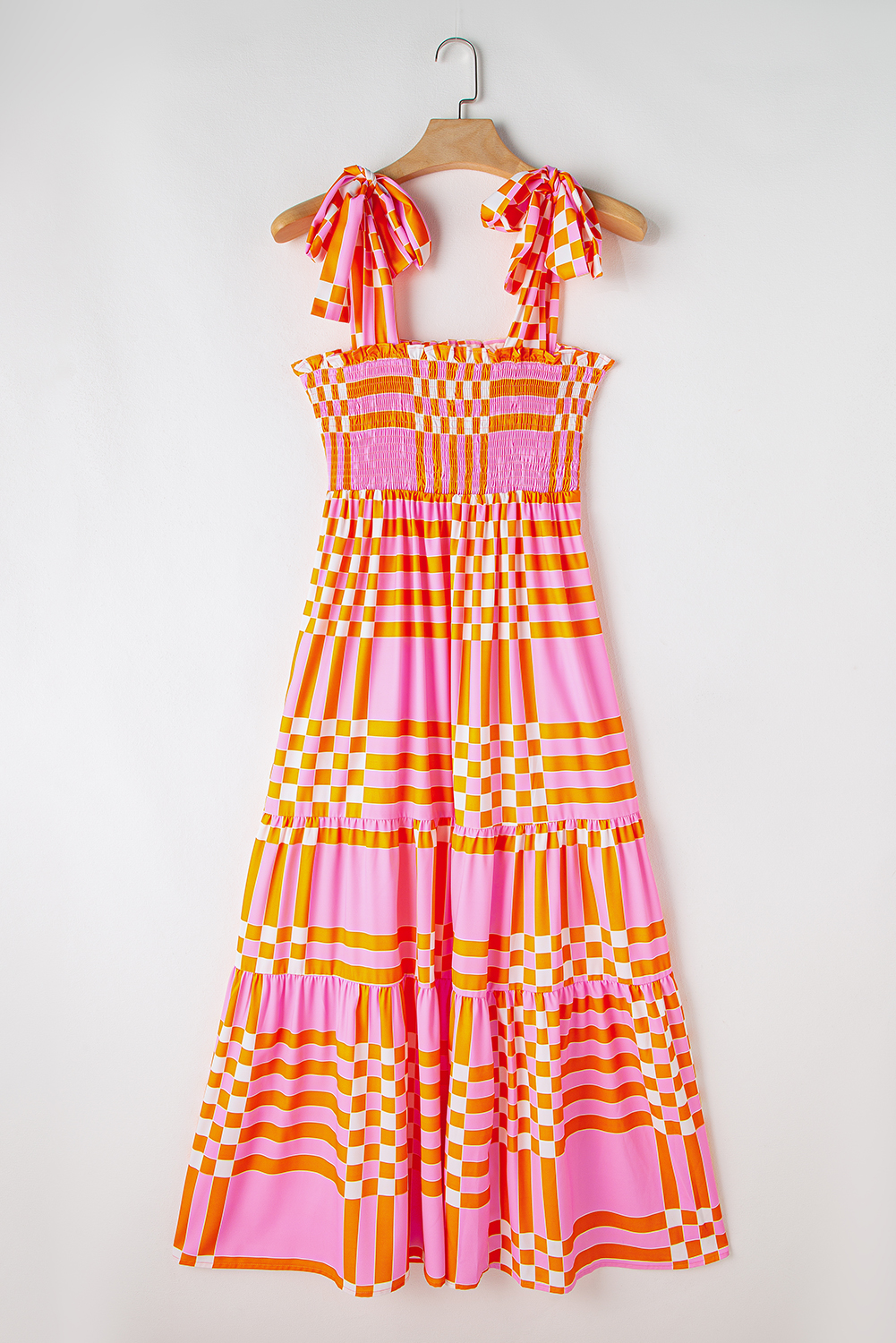 Pink Boho Gingham Tied Straps Smocked Maxi Dress - loveforevers
