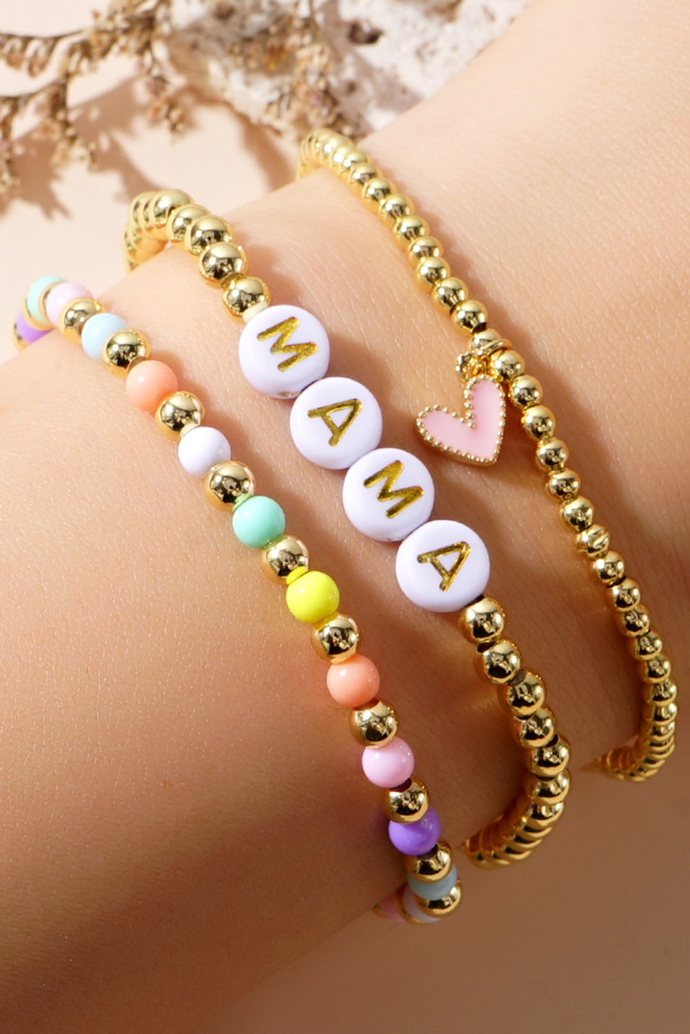 Gold MAMA Heart Beaded Multi Layer Stretch Bracelet - loveforevers