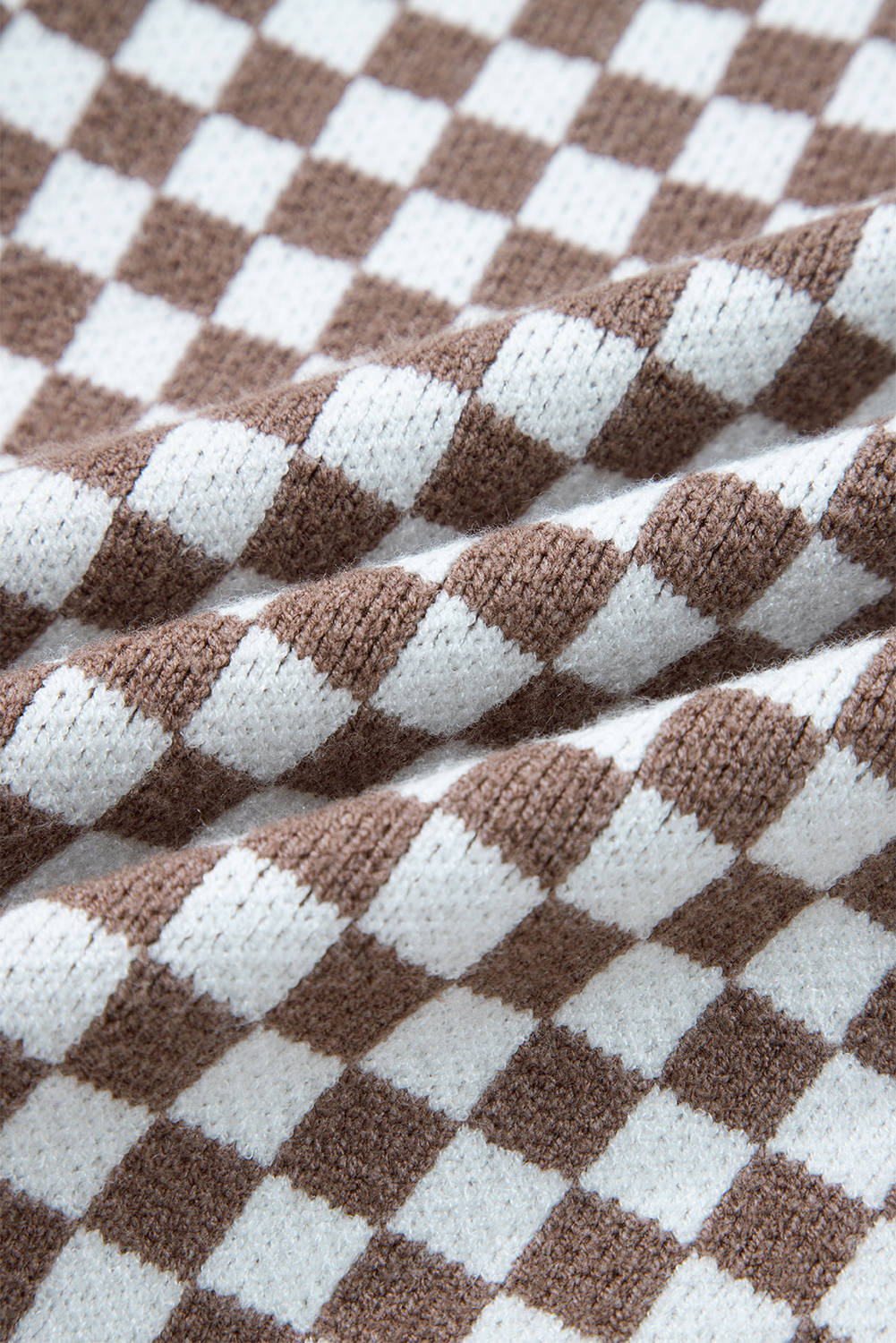 Dark Brown Half Button Ribbed Trim Checkerboard Knit Sweater - loveforevers